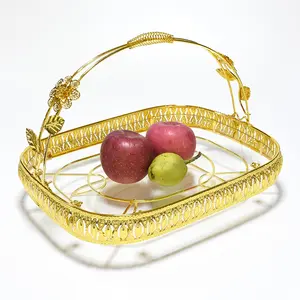Luxury gold rectangle iron plating glass fruit basket handle type gift basket multi-function storage baskets