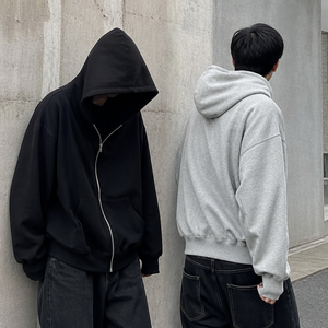 Sudadera con capucha extragrande para hombre, 100% algodón, diseño de peso pesado, con cremallera, para otoño e invierno, en negro y gris. - Product Image 1