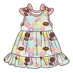 Vestido sin Mangas hasta la Rodilla de Tela de Bambú con Cuello Redondo, Venta Caliente, ODM, Boutique Dulce, Estampado Personalizado, Verano, Niñas, con Volantes, para Fiestas y Uso Diario - Product Image 2