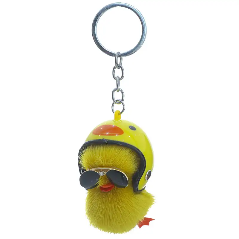 Porte-clés décoratif petit canard en peluche, jouet pour enfants, pendentif de dessin animé, casque, Cool, en poils d'animaux de petite taille,
