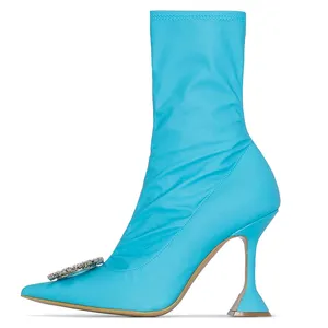 Groothandel Blue Satin Booties Vrouwen Wees Teen Hoge Hakken Kristal Korte Laarzen