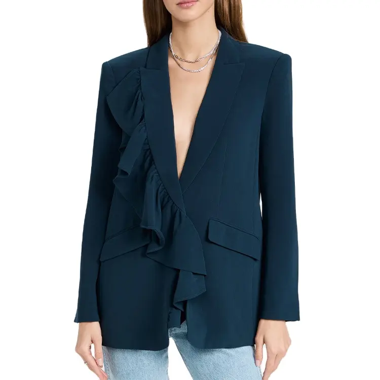 Ladies padded shoulder ruffle trim single breasted peaked lapel long sleeve suiting Blazer for women