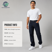 Jeans droits pour hommes, denim délavé foncé, effet usé, bleu délavé, cinq poches, taille mi-haute, extensibles, vente en gros