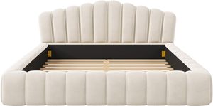 Bedroom Guestroom Shell-Shaped Headboard Beige Velvet Upholstered <strong>Floor</strong> <strong>Bed</strong> Queen Platform <strong>Bed</strong> <strong>Frame</strong> with Wooden Slat Support - Product Image 5