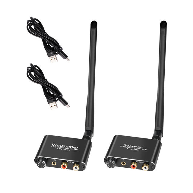 2.4G Wireless Audio Transmitter & Receiver 50M NO Delay 2.4Ghz RCA R/L 3.5mm Stereo 192kHz 24bit HiFi TV Speakers Amplifier