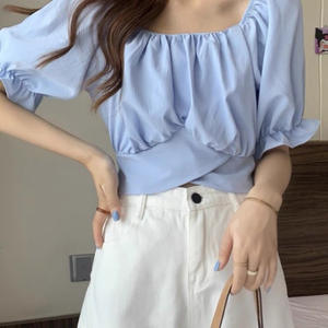 Vêtements pour femmes Mode estivale Lacets décontractés Couleur solide Col carré Femme Tout-aller Tempérament Apparaît Mince Tops à manches courtes - Product Image 2