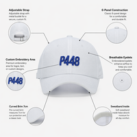 Casquette de baseball unisexe de luxe en sergé blanc avec lettres brodées en relief 3D personnalisées, logo P448, 6 panneaux structurés, style Dad Hat, ajustable