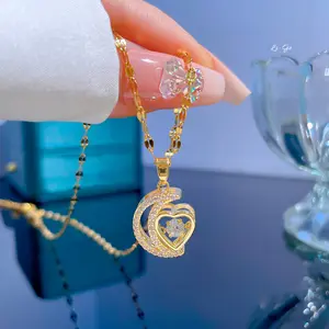 Micro Pavé Cubique Zircone Pendentif Collier Classique En Acier Inoxydable Lune Coeur Forme Collier Femmes Bijoux Accessoires
