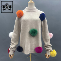 Janefur en stock printemps automne hiver tricoté boules de fourrure de renard pull en laine mode femmes amovible coloré boule de fourrure pull