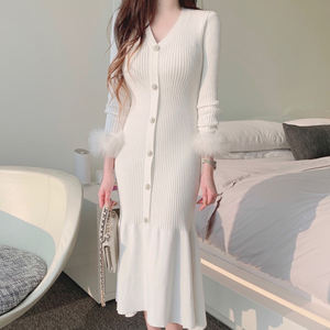 Boutique 2025 autunno francese temperamento scollo a V sottile <span class=keywords><strong>abito</strong></span> a maniche lunghe lavorato a <span class=keywords><strong>maglia</strong></span> a coda di pesce - Product Image 4