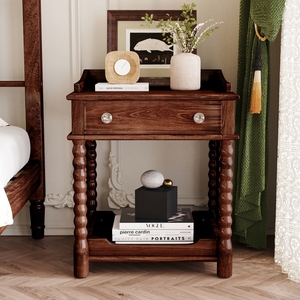 Retro Style Nightstand with Drawer and Open <b>Shelf</b> Walnut Bedside Table Turned Legs Metal Handle Bedroom Furniture - Product Image 3