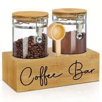 2 contenants à café en verre avec étagère - Organisateur de bar à café, bocaux en verre avec cuillère pour grains de café, café moulu, noix