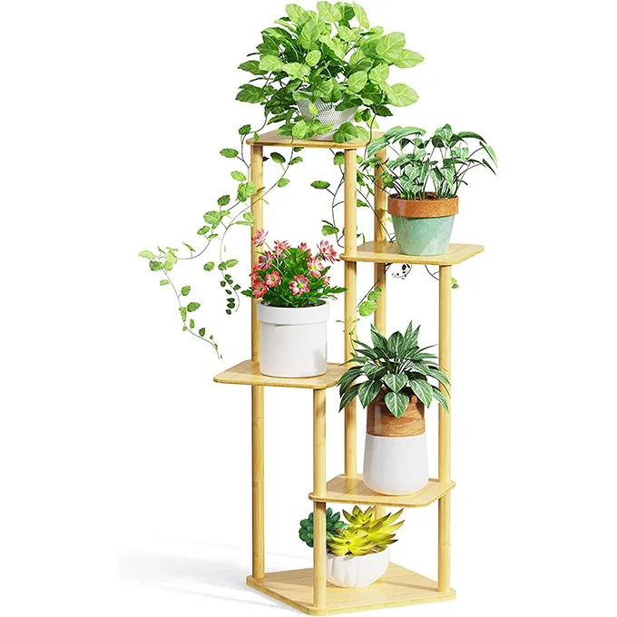 5 Tier Planter Shelf Bamboo Plant Stands Corner Plant Stand For Indoor