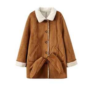 Zeyu Women Camel Faux Suede Shearling <strong>Coat</strong> Mid-Length Button Down Winter Warm Fleece Lined Jacket with Detachable Mitten Cuffs - Product Image 5