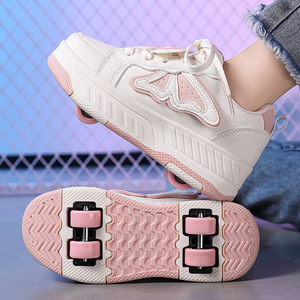 Zapatillas de Lona con Plataforma para Niña, Punta Redonda, Cierre de Cordones, Parte Superior Sintética, Suela de Goma Acolchada, para Todas las Temporadas, Blanco, Rosa, con Detalle de Lazo - Product Image 3