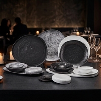 Service de table en céramique et porcelaine ST Marbre Noir et Blanc avec glaçure réactive – Assiettes et bols à salade pour la maison et l'hôtellerie – Résistant aux rayures