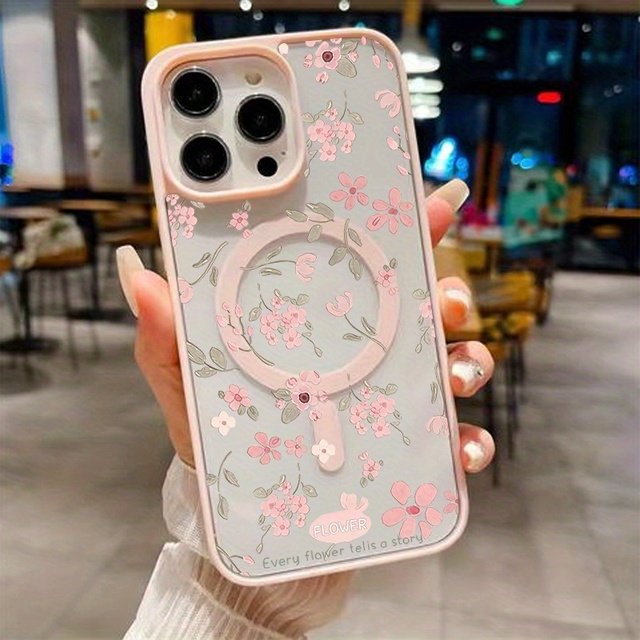 Fashion Flowers Acrylic Back Cover Magnetic Mobile Phone case for iphone 16 17 Pro Max 15 Shell Coque Shockproof Cellphone