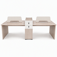 Poste de travail modulaire moderne pour 4 personnes avec bureaux face à face, tiroirs blancs écologiques, panneaux d'intimité et finition bois pour bureau ouvert