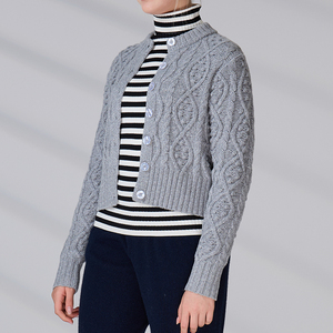 Custom OEM & ODM Women's Sweater 100% Merino Wool <b>Mock</b> <b>Neck</b> Cable Knitwear Knit Cardigan - Product Image 3