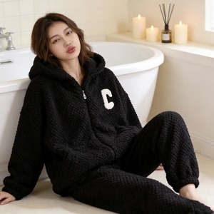 <span class=keywords><strong>Pigiama</strong></span> <span class=keywords><strong>Donna</strong></span> Autunno Inverno in Morbido Pile Waffle di Alta Qualità, Nero <span class=keywords><strong>con</strong></span> Scollo a V, <span class=keywords><strong>Cappuccio</strong></span> Morbido, Zip Frontale, Maniche Lunghe, Vita Elasticizzata - Product Image 1