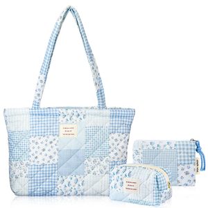 Borsa tote trapuntata floreale di grande capacità, borsa patchwork da donna con tasca con cerniera, borsa leggera per università, shopping e scuola - Product Image 1