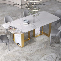 Table et chaises de salle à manger modernes en dalle de roche avec pieds en métal doré, 4 et 6 places, pour restaurants, hôtels et appartements