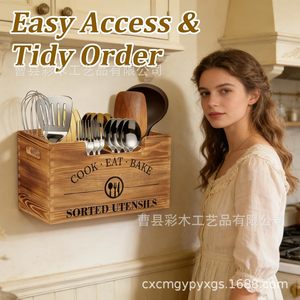 Wooden Cutlery <b>Storage</b> <b>Box</b> Rectangle Wall Mounted Multi Compartment <b>Kitchen</b> Utensil Organizer Retro Color - Product Image 3
