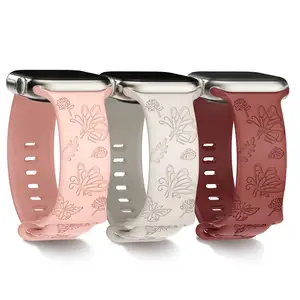 Eraysun-Bandas grabadas de mariposa floral para Apple Watch, correa de 41/40/38mm, Correa clásica de silicona personalizada para reloj inteligente I Serie 8/7/6