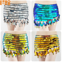 Foulard de taille multicolore à sequins et pompons pour femme, idéal pour la danse du ventre, la danse latine, le carnaval, les spectacles et les fêtes, avec un voile éventail