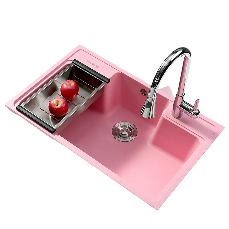 Évier de cuisine en granit rose, taille personnalisée, bol simple, évier de cuisine en Quartz avec passoire