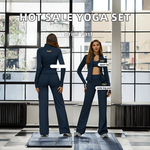 Hot Sale Women's Solid Front V-neck Racerback Yoga Jacket 3-Piece Set Elastic Waist Wide Straight <b>Legging</b> Tracksuits Gym Sport - Product Image 2