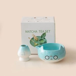Juego de Tazas de Cerámica para Matcha con Diseño de Gato, Estilo Japonés, Cinco Piezas, Color Blanco, con Soporte para Batidor de Té, Personalizable, Venta al Por Mayor - Product Image 1