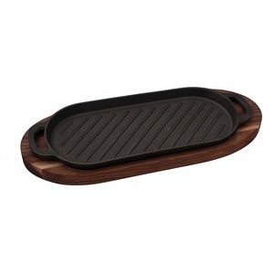 Elegant Wood And Metal Sizzler Plate For Steak <b>Barbecue</b> And Hot Food Serving With Durable Wooden Base Tray - Product Image 4