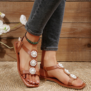 Women Square Toe Pearl Flat <b>Sandals</b> <b>Elastic</b> Ankle Strap Summer Casual Outdoor Walking <b>Sandals</b> - Product Image 1