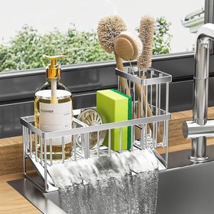Organisateur d'évier de cuisine en acier inoxydable pour robinet, avec porte-brosse à vaisselle, porte-éponge, porte-savon et plateau de drainage - Product Image 6