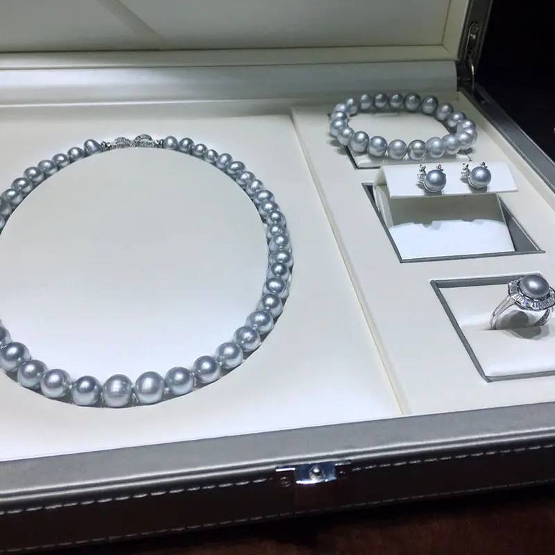 Ensemble de bijoux élégant 9-10mm gris véritable perle de culture d'eau douce naturelle collier bracelet boucles d'oreilles bague 5 pièces ensemble de bijoux
