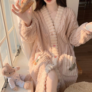 <strong>Women's</strong> Winter Flannel Pajamas Cardigan Autumn Warm Home Wear Ladies Sleepwear 2PCS Set Coral <strong>Fleece</strong> Bathrobe Thermal <strong>Pyjamas</strong> - Product Image 5