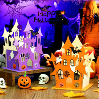Kit de Bricolage Château d'Halloween en Bois, Puzzle 3D Maison Hantée, Ornement de Table pour Halloween
