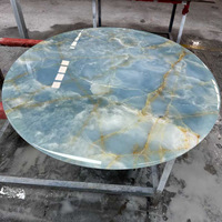 Lampu giok biru, dinding latar belakang batu mewah, Panel meja kopi marmer bulat alam, lempengan marmer meja dapur