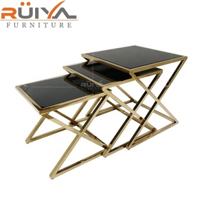 Nhà Sản Xuất Giá Phong Cách Hiện Đại 3 Cái Glass Top Khung Vàng Side Bảng Cà Phê Side Bảng - Product Image 2