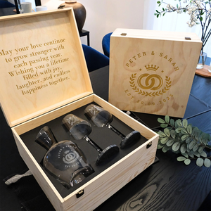 Copas de <span class=keywords><strong>Vino</strong></span> de Cristal Personalizadas con Logotipo y Decantador de <span class=keywords><strong>Vino</strong></span> con Posavasos en Caja de Regalo de Madera para Bodas - Product Image 2