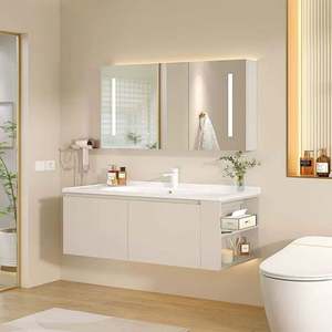 Mueble de Baño de Diseño Moderno con Gabinete de Madera, Cajones Montados en la Pared, Mueble de Pizarra con Espejo LED para Almacenamiento en el Baño - Product Image 3