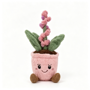 Plante en peluche personnalisée, charmante et dynamique, avec pot rose et fleur violette, feuilles vertes et visage brodé. - Product Image 2