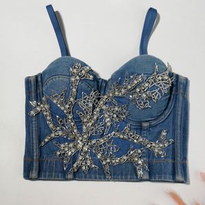 BR416 2021 nouveauté vêtements d'extérieur pour filles chaudes perles décorées Denim Crop <span class=keywords><strong>Bustier</strong></span> Jean hauts pour femmes - Product Image 5