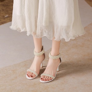Zapatos de Tacón Alto con Punta Abierta, Correa en el Tobillo, Adorno de Perlas, Tacón de Aguja, Forro de Satén, Color Sólido, Tendencia de Moda, Zapatos de Mujer - Product Image 3