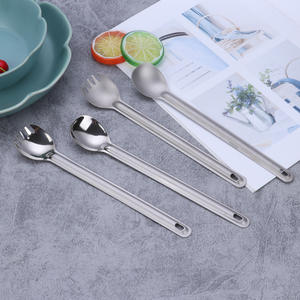 Juego de tenedor y cuchara de titanio para acampar, utensilio portátil de mango largo para exteriores, para senderismo, viajes y comidas - Product Image 1