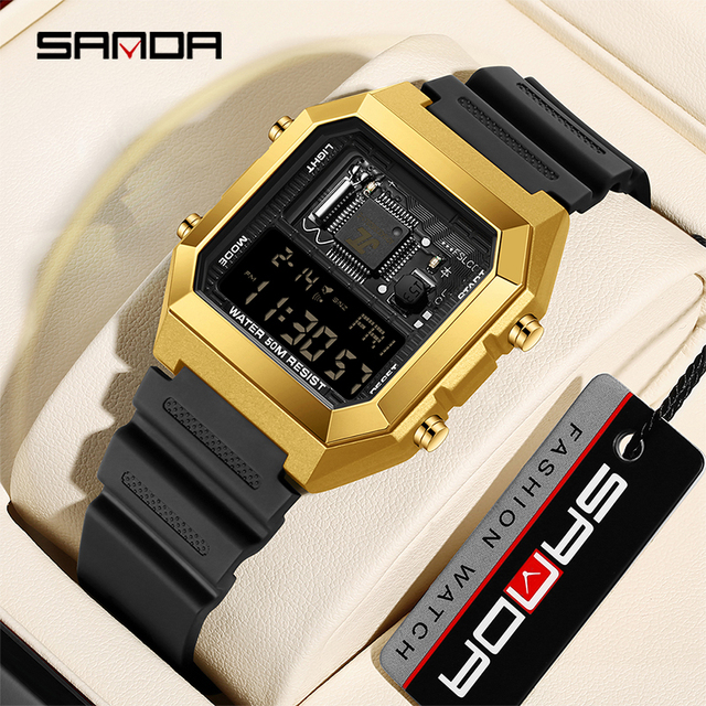 Sanda 6216 Digital Luminous Function Watches Alarm Clock 12/24 Hour System Countdown Stopwatch Waterproof Shock Resistant Watch