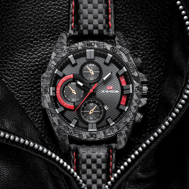 VA VA VOOM Men's Watch Carbon Fiber Pilot Series Luminous Calendar Quartz Watches Waterproof Sports Leather Wristwatch(WA505)