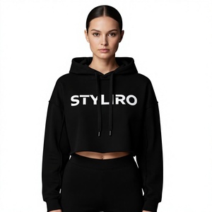 Sweat-shirt à capuche uni noir en coton pour femme Styliro, broderie décontractée sur le devant, vêtement d'hiver - Product Image 1