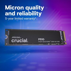 قرص صلب Crucial P510 PCIe Gen5 NVMe SSD بسرعة تصل إلى 11000 ميجابايت/ثانية، تقنية TLC NAND، متوافق مع أجهزة الكمبيوتر المحمولة والمكتبية، مناسب للاعبين والفنانين، محرك أقراص الحالة الصلبة - Product Image 3